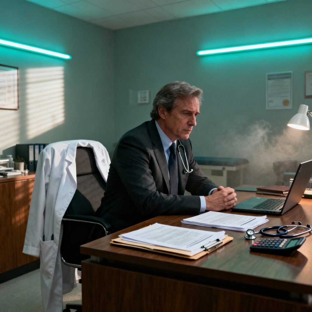 Lekarz na kontrakcie B2B analizujący dokumenty podczas kontroli ZUS w gabinecie medycznym